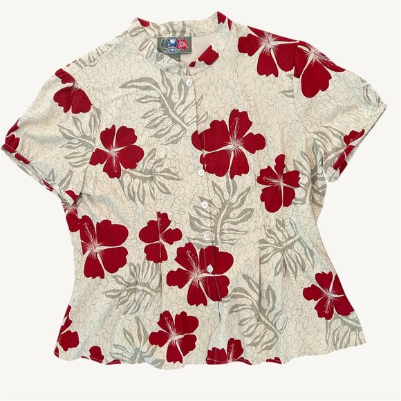 The Hawaiian Original 100% Silk Puff Sleeve Tropical Button Up Top Size Large - Picture 1 of 10